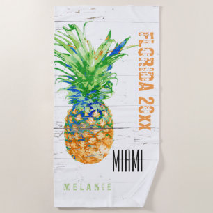 Tropical Pineapple Add Name, Year and Location Beach Towel