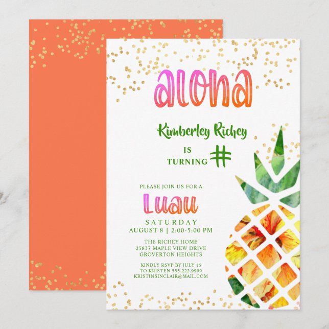 Tropical Pineapple Aloha ANY AGE Birthday Luau Invitation (Front/Back)