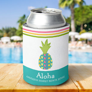 Tropical Pineapple Aloha Beach House Luau Teal Can Cooler