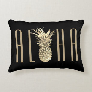 Tropical Pineapple Aloha Gold Typography Black Accent Pillow