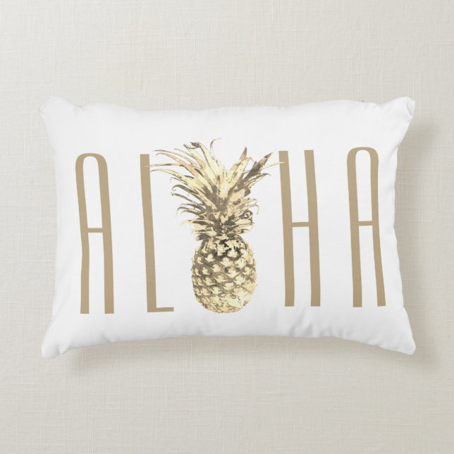 Tropical Pineapple Aloha Quote Taupe Typography Accent Pillow (Front)