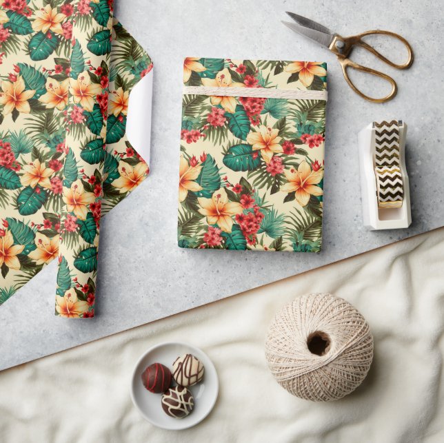 Tropical Pineapple and Hibiscus Pattern on Beige Wrapping Paper (Crafts)