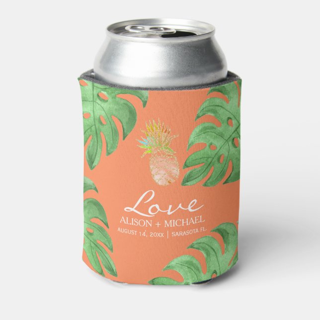 Tropical pineapple beach green peachy pink wedding can cooler (Can Back)