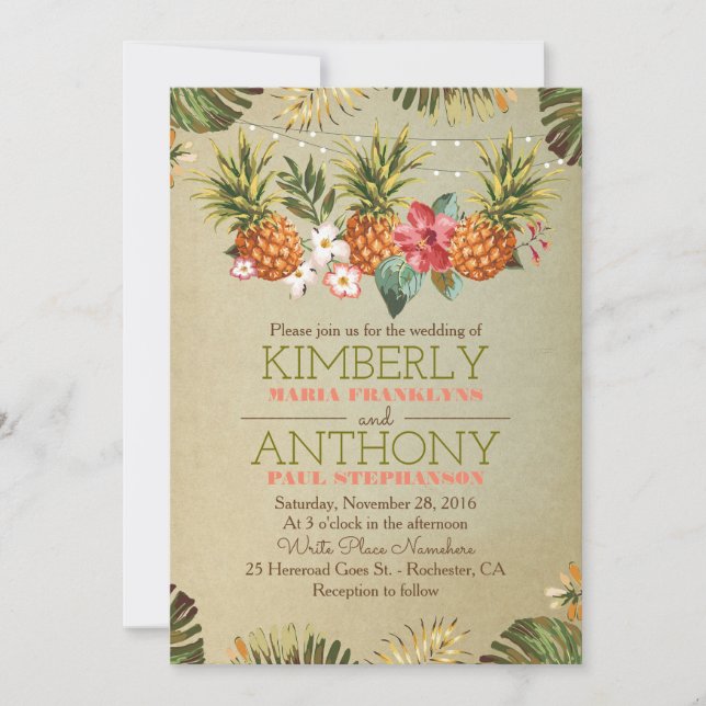 tropical pineapple beach lights wedding invitation (Front)