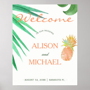 Tropical pineapple beach peachy green wedding sign