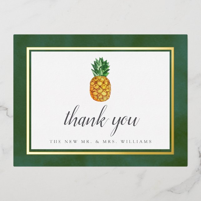 Tropical Pineapple Beach Wedding Thank You Real Foil Invitation Postcard (Front)
