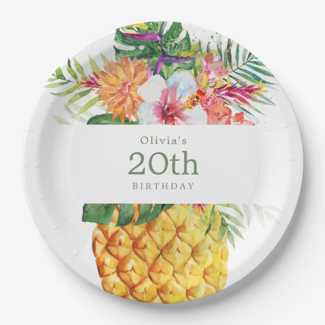 Tropical Pineapple Birthday Paper Plate (Front)