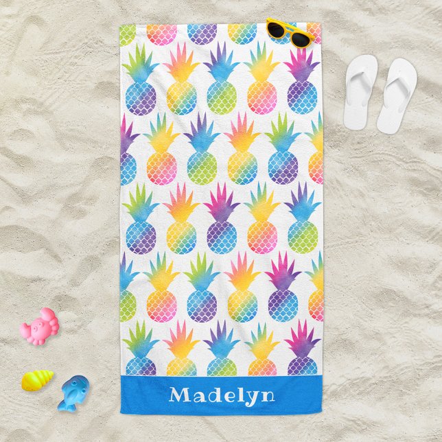 Tropical Pineapple Blue Monogram Name Beach Towel (Creator Uploaded)