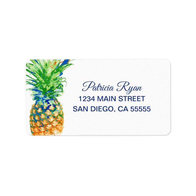 Tropical Pineapple Blue Typography Address Label (Front)
