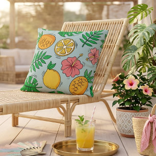 Tropical Pineapple Citrus Hibiscus Fruit Pattern Throw Pillow