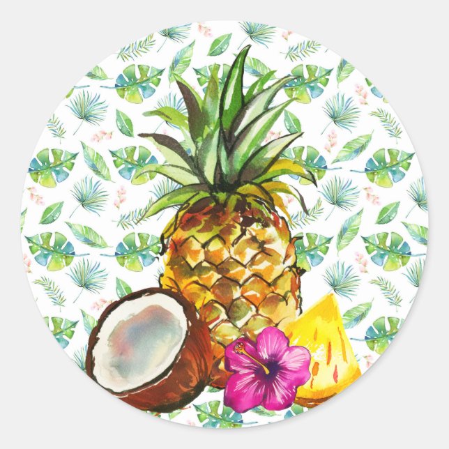Tropical pineapple coconut fruit, luau, hawaii classic round sticker (Front)