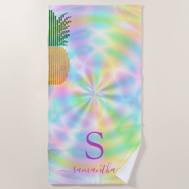 Tropical Pineapple Custom Holographic Pastel Neon Beach Towel (Front)