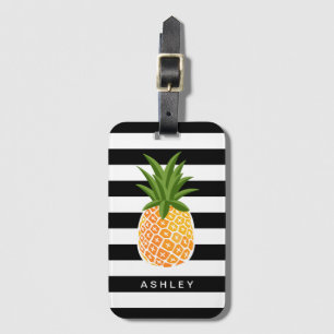 Tropical Pineapple Decor Black White Stripes Luggage Tag