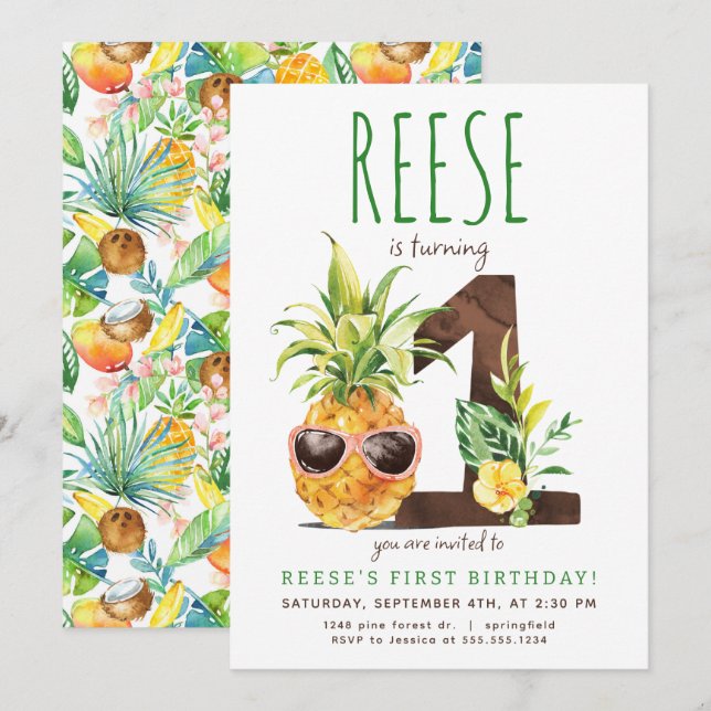 Tropical Pineapple First Birthday Invitation (Front/Back)