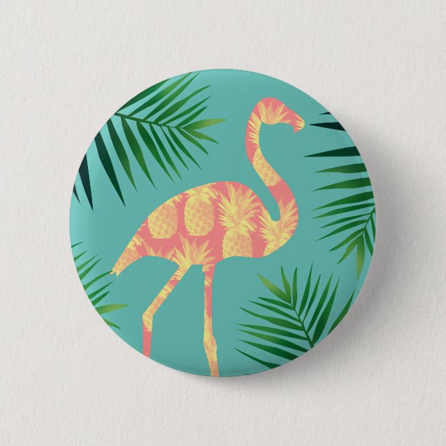 Tropical Pineapple Flamingo & Foliage 2 Inch Round Button (Front)