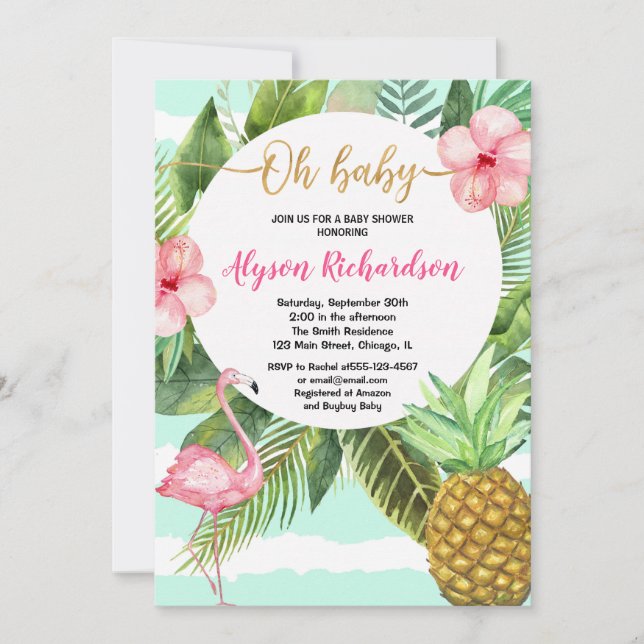 Tropical pineapple flamingo teal girl baby shower invitation (Front)