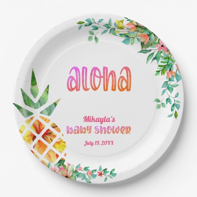 Tropical Pineapple Floral Aloha Baby Shower Paper Plate (Front)