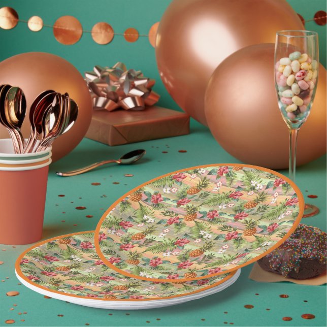 Tropical Pineapple Floral Botanical Leaves Pattern Paper Plate (Multi)