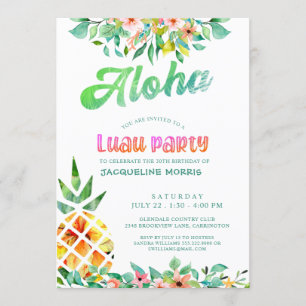 Tropical Pineapple Floral Luau 30th Birthday Invitation
