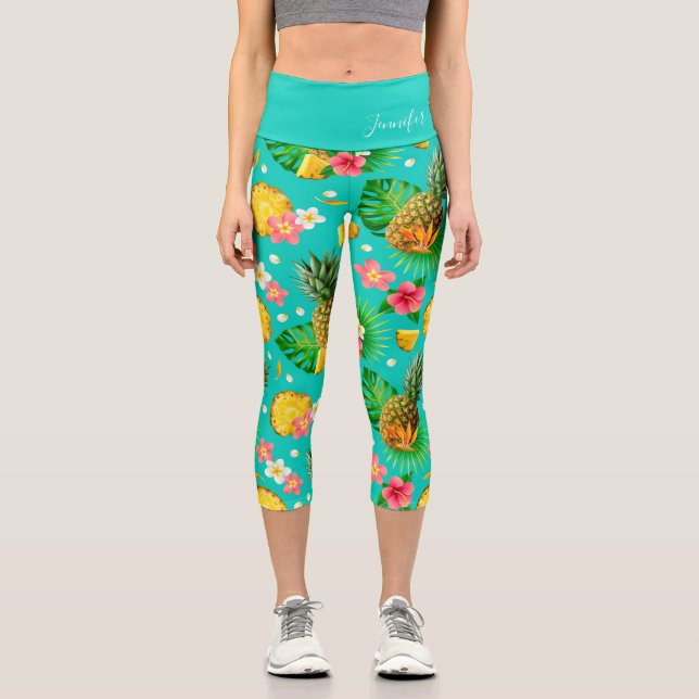 Tropical Pineapple Floral Personalized Name Capri Leggings (Front)