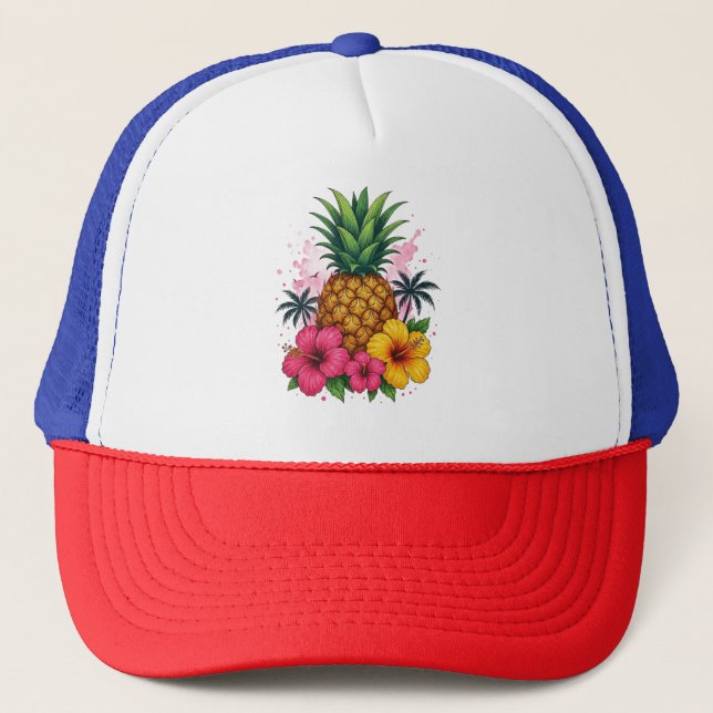 Tropical Pineapple Floral Trucker Hat  Red White (Front)