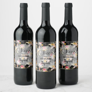 Tropical Pineapple Flowers on Black Wine Label
