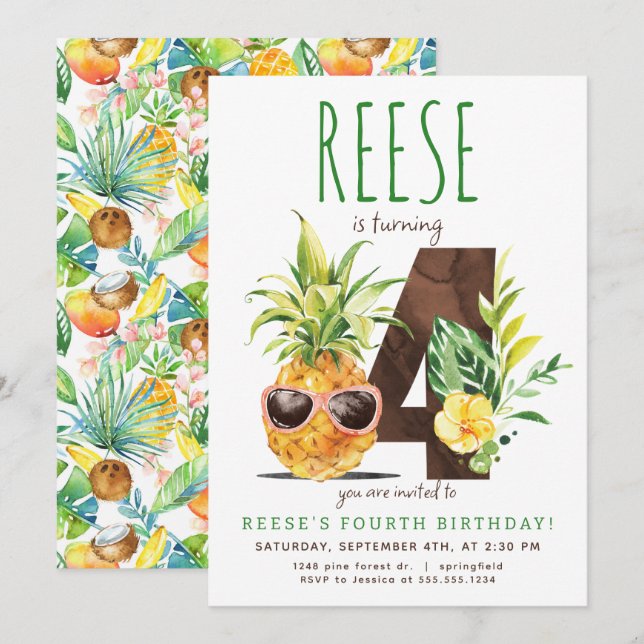 Tropical Pineapple Fourth Birthday Invitation (Front/Back)