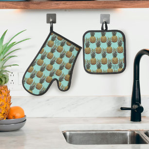 Tropical Pineapple Fruit Monogram Oven Mitt & Pot Holder Set