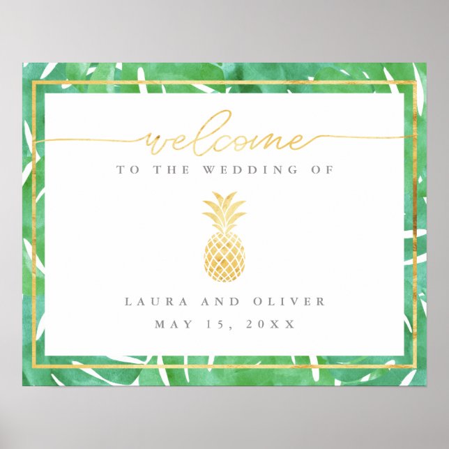 Tropical Pineapple Gold Wedding Welcome Sign (Front)