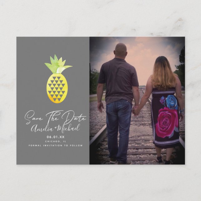 Tropical Pineapple Grey Save the Date Photo Postcard (Front)