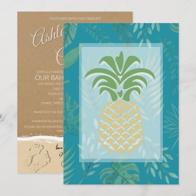 Tropical Pineapple Hearts Wedding Invitations (Front/Back)
