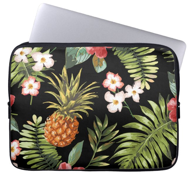 Tropical Pineapple Hibiscus Flowers Laptop Sleeve (Front)