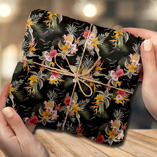 Tropical Pineapple Hibiscus Foliage on Black Tissue Paper (Creator Uploaded)