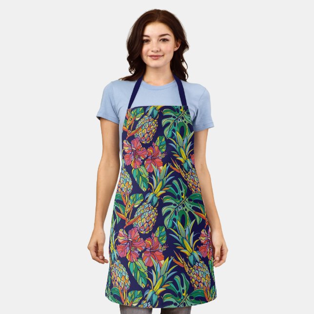 Tropical Pineapple Hibiscus Pattern Apron (Worn)
