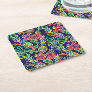 Tropical Pineapple Hibiscus Pattern Square Paper Coaster