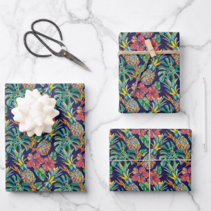 Tropical Pineapple Hibiscus Pattern Wrapping Paper Sheet