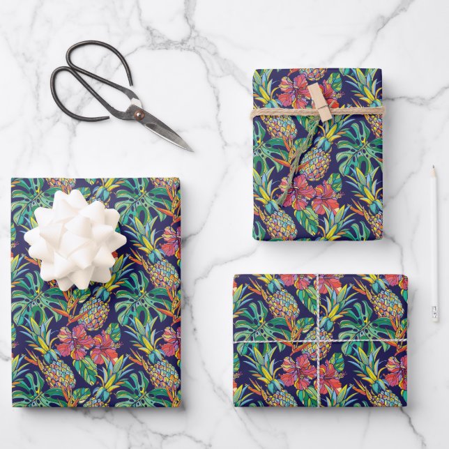 Tropical Pineapple Hibiscus Pattern Wrapping Paper Sheet (Front)