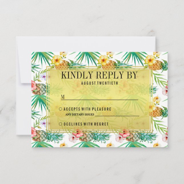 Tropical Pineapple & Hibiscus Wedding RSVP Card (Front)