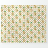 Tropical pineapple leafs green gold stripes white wrapping paper (Flat)