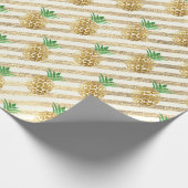 Tropical pineapple leafs green gold stripes white wrapping paper (Corner)