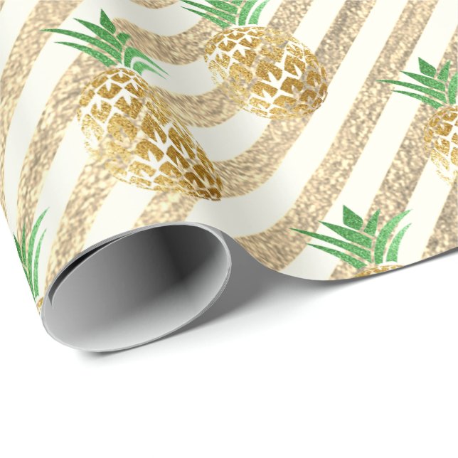 Tropical pineapple leafs green gold stripes white wrapping paper (Roll Corner)