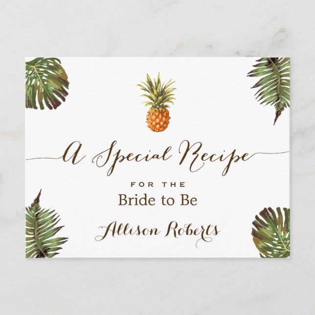 Tropical Pineapple Leaves Bridal Shower Recipe Postcard (Front)
