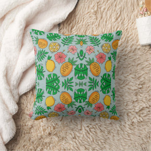 Tropical pineapple lemon and pink flowers pattern throw pillow