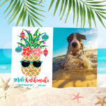 Tropical Pineapple Mele Kalikimaka Photo Holiday Card<br><div class="desc">Tropical theme Christmas photo card features a cute,  happy pineapple with colorful string lights,  ornaments and sunglasses and a Hawaiian "Mele Kalikimaka" greeting. Personalize the name and greeting at the bottom along with a favorite photo (humans or pets!). Original artwork KL Stock.</div>
