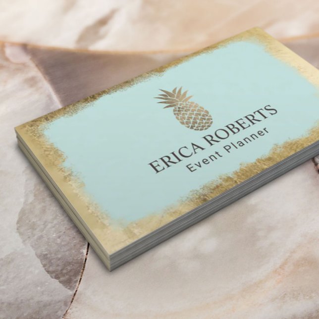 Tropical Pineapple Mint & Gold Event Planning Business Card (Creator Uploaded)