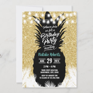 Tropical Pineapple Modern Gold Glitter Birthday Invitation