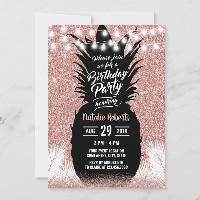 Tropical Pineapple Modern Rose Gold Birthday Invitation (Front)