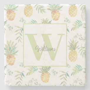 Tropical Pineapple Monogram Name Stone Coaster