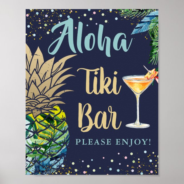 Tropical Pineapple Navy Blue Hawaii Tiki Bar Sign (Front)