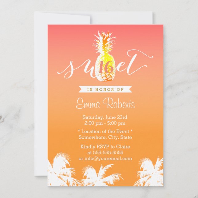 Tropical Pineapple & Palm Trees Sweet 16 Invitation (Front)